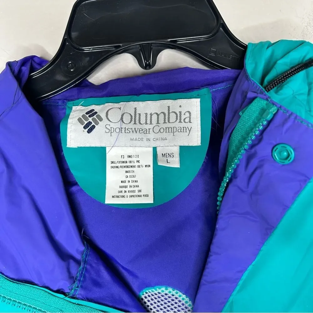 Vintage 90s 1990s Columbia Teal and blue waterproof PVC Jacket large - Picture 3 of 8
